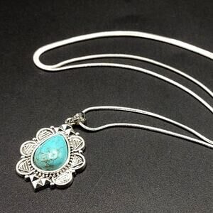 925 Sterling Silver Necklace w/ Turquoise Teardrop Floral Pendant Valentine Gift